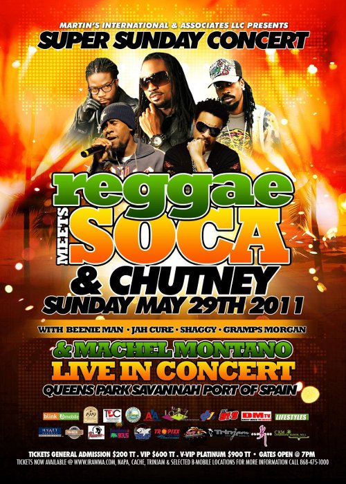 Reggae Meets Soca Chutney concert 2011 Queens Park Savannah Trinidad flyer Shaggy Beenie Man Machel Montano HD Jah Cure Gramps Morgan © Martins Interculture